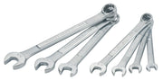 Photo of CRAFTSMAN CMMT87016 combination wrench set, eight silver wrenches fanned on white background.
