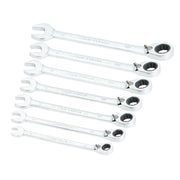 A set of seven Craftsman branded ratcheting open-end wrenches of varying sizes, arranged in a row, used for tightening and loosening nuts and bolts.