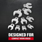 Craftsman CMMT87903 graphics showing a set of chrome crowfoot wrenches arranged on a black surface, top view.