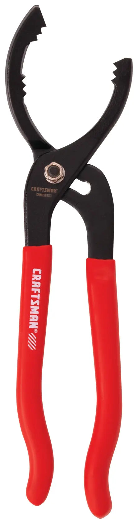 Photo of Craftsman CMMT98303 oil filter pliers with red handles, front angle on white background.