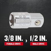 Craftsman chrome socket adapter, 3/8 in. female to 1/2 in. male drive, SKU CMMT99293, front angle.