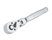 Photo of a chrome Craftsman ratchet, CMMT99420, hand tool with engraved handle, angled on white background.