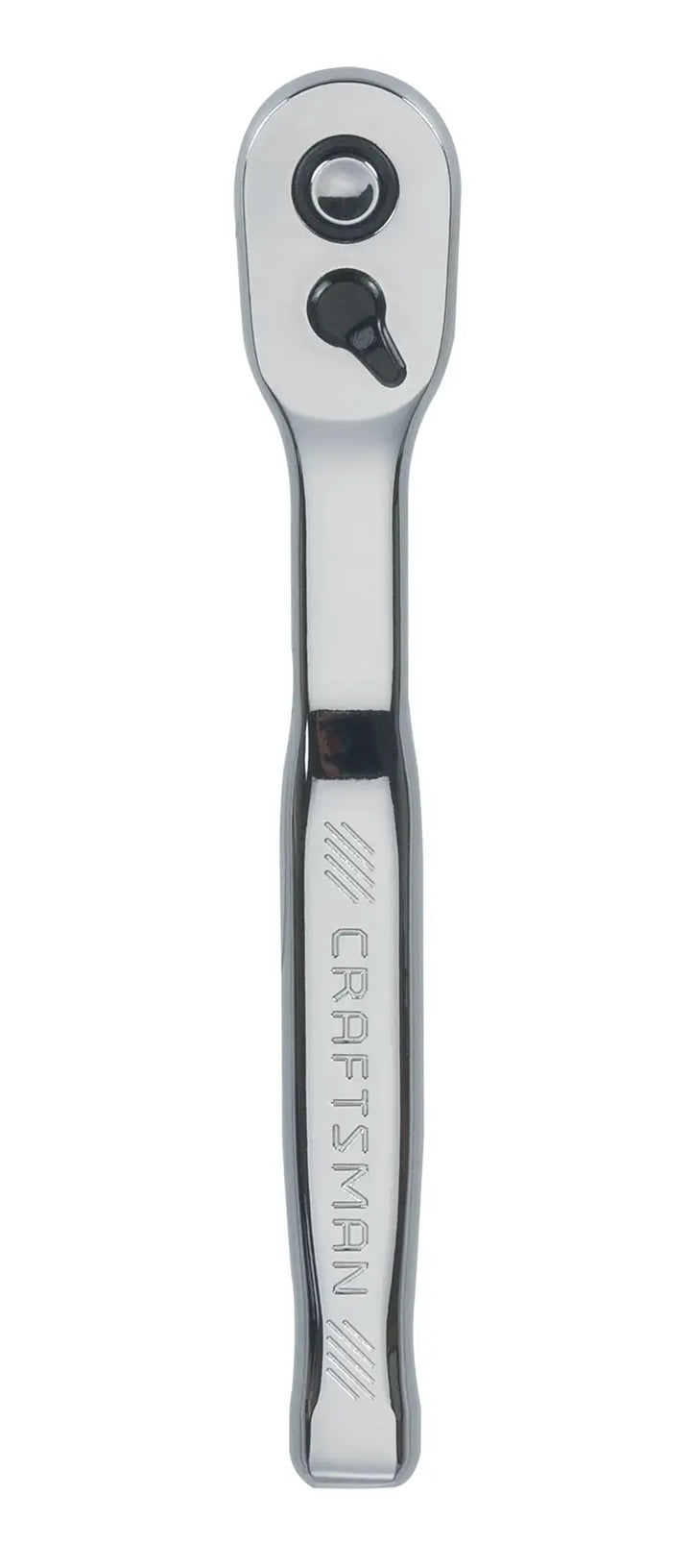 Photo of Craftsman ratchet wrench, SKU CMMT99423, polished chrome finish, top view on white background.