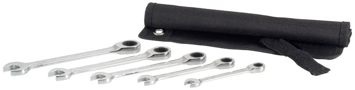 Craftsman CMMT99756 ratcheting combination wrench set with five silver wrenches and black carrying pouch, angled view.