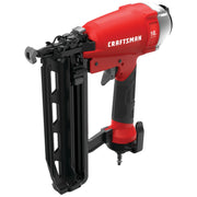 Photo of Craftsman CMPFN16K pneumatic finish nailer in red and black, angled product shot on white background.