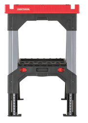 Front angle photo of Craftsman workbench, red and black, SKU CMST11031, with adjustable legs.