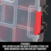Craftsman graphics organizer CMST14021 front angle showing clear lid and red stackable side latch.
