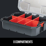 Craftsman organizer CMST17827 with 8 red compartments, clear lid, angled view, black plastic case.
