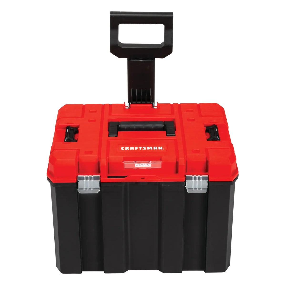 Front angle photo of Craftsman rolling toolbox CMST17835 with red lid, black body, and extended handle.