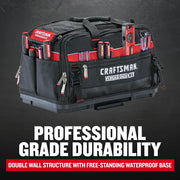 Craftsman tool bag CMST21450 front angle, black with red trim, filled with hand tools, VersaStack XL logo.