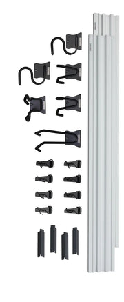 CRAFTSMAN wall organization system kit CMST22000, assorted black hooks and clips with three silver rails, front angle.