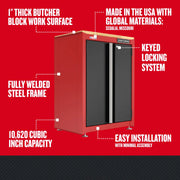 Craftsman red steel cabinet CMST22603RB with black doors, butcher block top, front angle view.