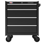 A black metal rolling tool chest with four drawers. The chest has locking caster wheels and silver handles on each drawer. The top features a lock and two brand labels.