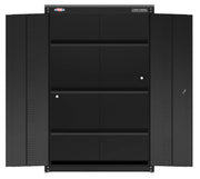 A black metal storage cabinet with two open doors, three interior shelves, and visible branding logos on the top front edge.