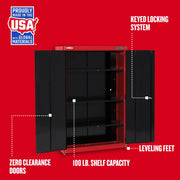 Photo of Craftsman CMST24800RB storage cabinet with black zero clearance doors, keyed locking system, leveling feet, and three shelves, shown open on a red background.