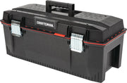 Craftsman CMST28001 black plastic toolbox with red trim and metal latches, front angle on white background.
