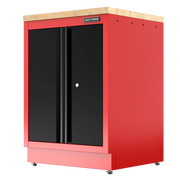 Red CRAFTSMAN metal storage cabinet with black double doors and wood top, suitable for workshops or garages.