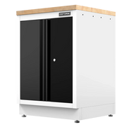 White and black storage cabinet with wooden top and lockable double doors, CRAFTSMAN brand.