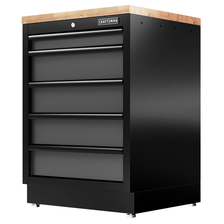 Black metal tool chest with five drawers and wood top, labeled CRAFTSMAN. Ideal for workshop storage.