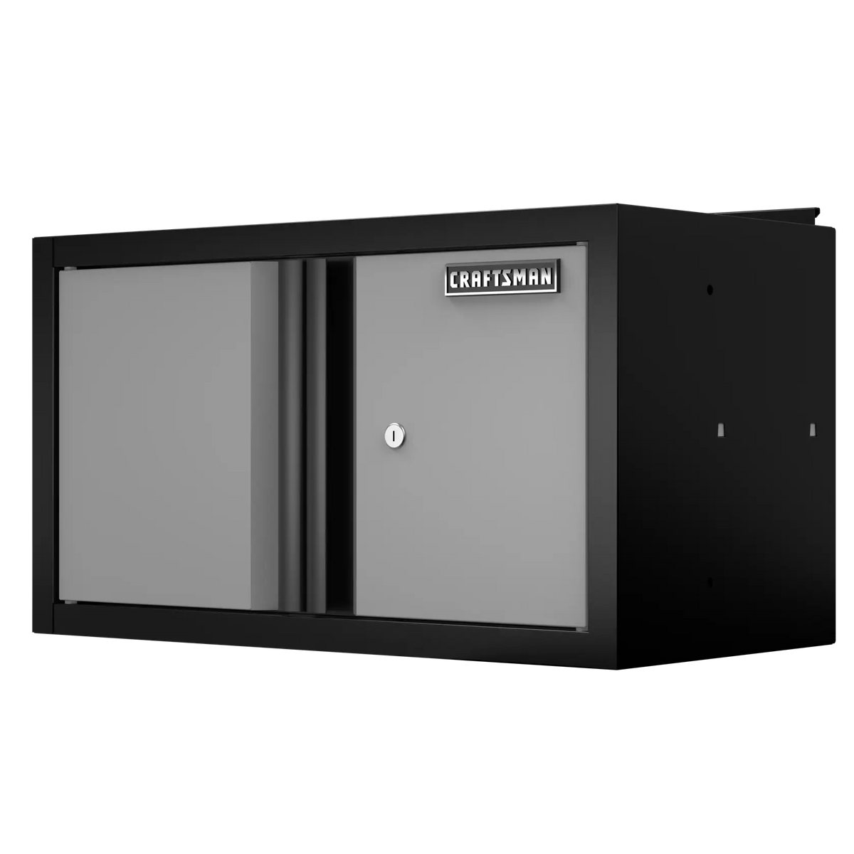 A metal wall-mounted storage cabinet with two doors, a lock, and a Craftsman brand label on the front.