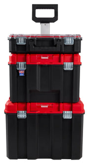 Front view photo of Craftsman stackable tool storage system, SKU CMST60402, with red lids and black bodies.