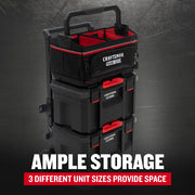 Photo of Craftsman TradesStack storage system CMST60560 with three stacked units, showing ample storage and black-red design.