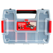 Front view of Craftsman storage organizer box with transparent lid and red accents, SKU CMST60964M.
