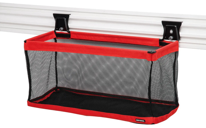 Photo of Craftsman mesh storage bin CMST82619VT with red trim, wall-mounted, front angle on white background.