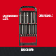 Craftsman graphics CMST82967, black screwdriver rack with carry handle, 5 slots, and blade guard, front angle.