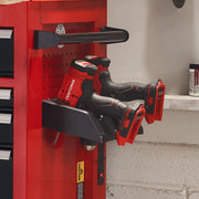 Photo of Craftsman tool organizer CMST98257 holding two red and black cordless drills on a red storage cabinet.