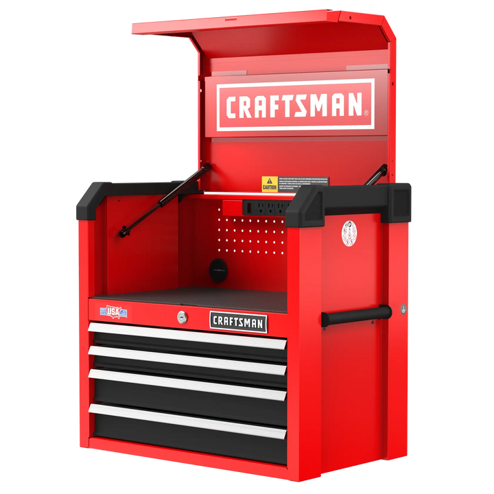 Front angle photo of Craftsman tool chest CMST98267RB, red with four drawers and open top lid.