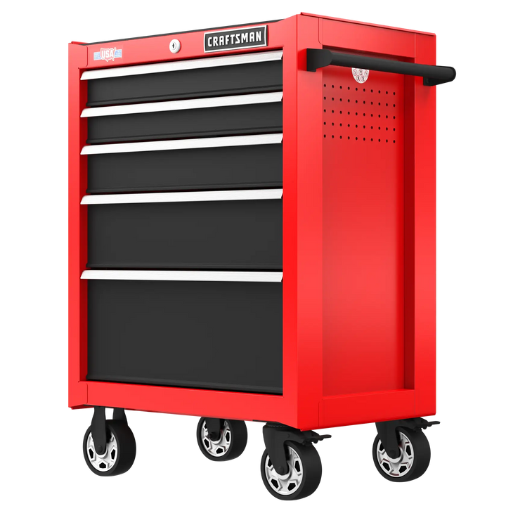 Craftsman red rolling tool chest CMST98268RB, five drawers, angled on white background.
