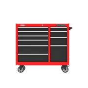 Front angle photo of Craftsman tool chest CMST98270RB with red frame, black drawers, and four caster wheels.