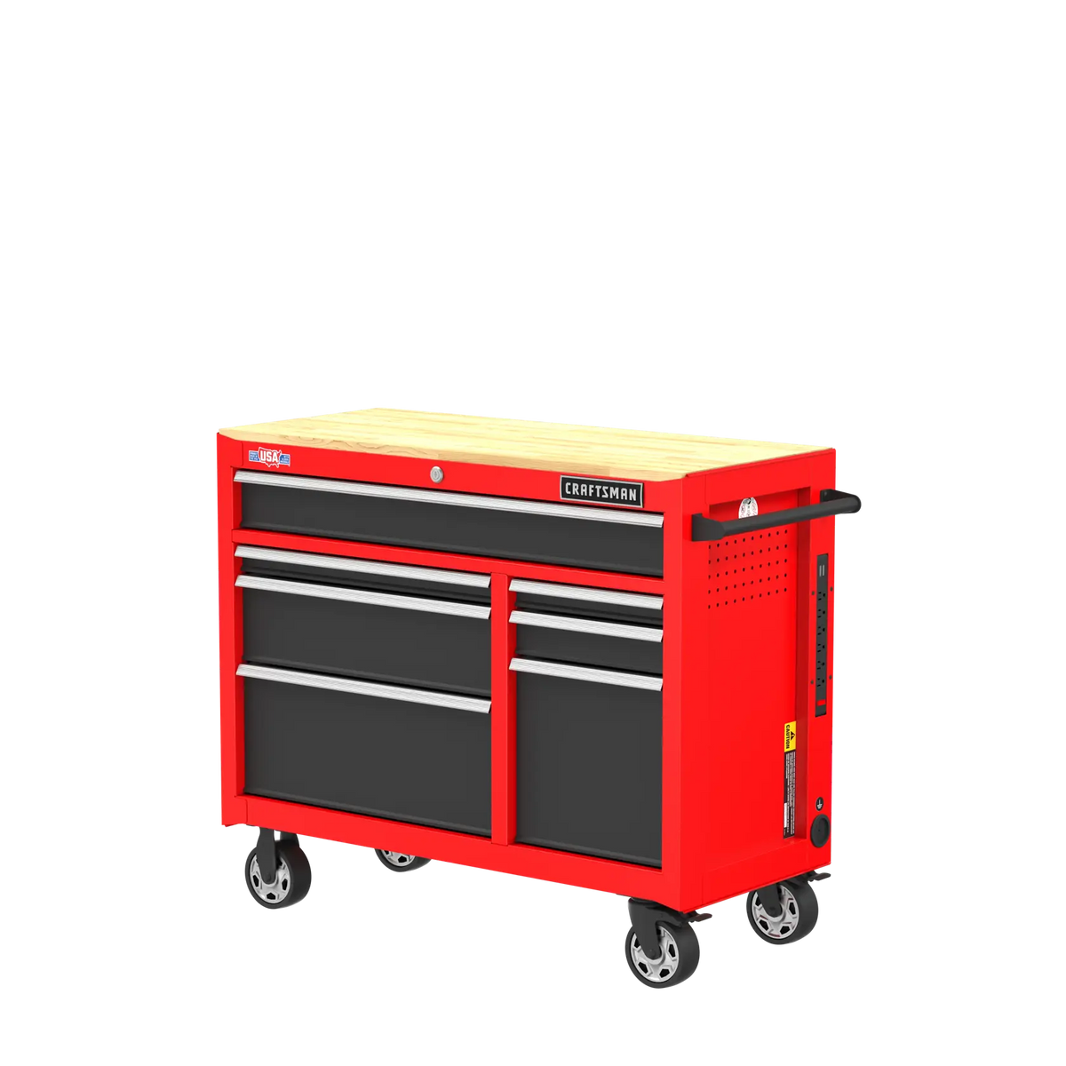 Photo of Craftsman rolling tool chest CMST98271RB, red and black with wood top, angled on white background.