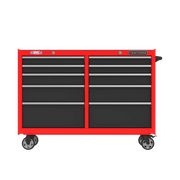 Front view photo of Craftsman tool chest CMST98273RB, red and black with eight drawers and caster wheels.