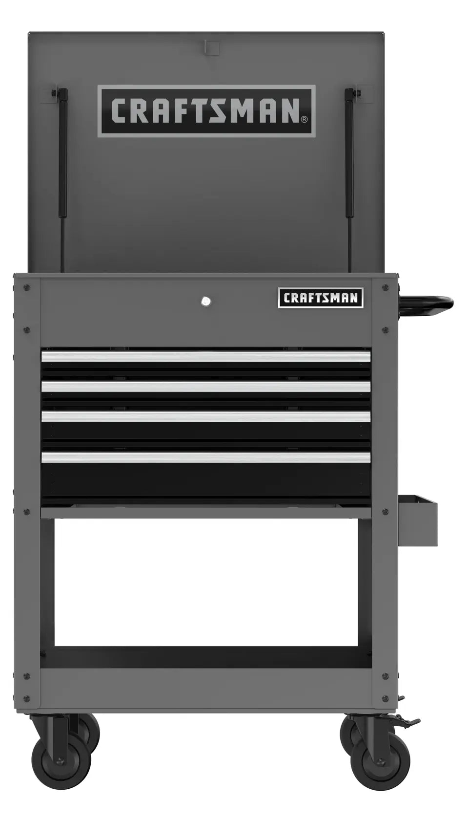 Front angle photo of Craftsman CMST98276GB gray rolling tool chest with four drawers and top compartment.