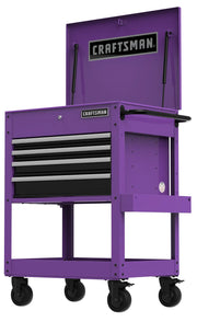 Photo of Craftsman CMST98276PB purple rolling tool chest with four drawers and open top, angled on white background.