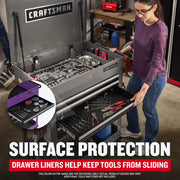 Photo of Craftsman toolbox with open drawers showing tools organized on non-slip liners, CMST98276PB, garage setting.