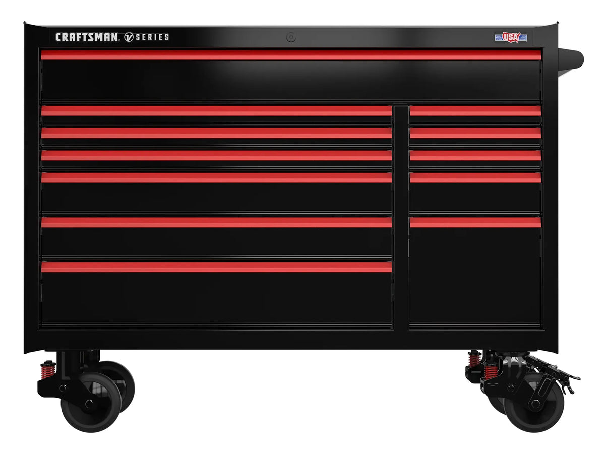 A large black tool chest with multiple drawers and red accents, mounted on four caster wheels. The chest is labeled 'Craftsman' and designed for organized tool storage.