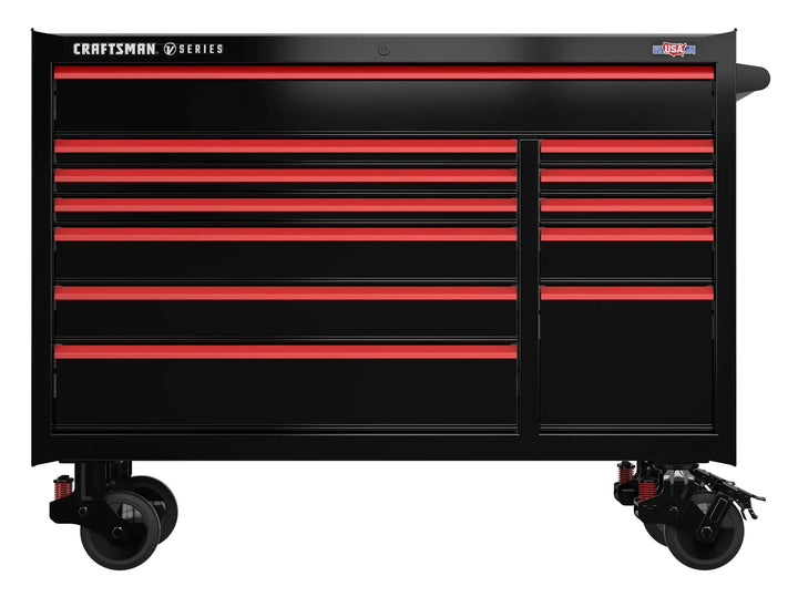 A large black tool chest with multiple drawers and red accents, mounted on four caster wheels. The chest is labeled 'Craftsman' and designed for organized tool storage.