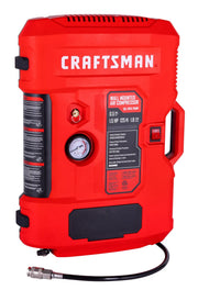 Photo of Craftsman CMXECXA0250541 wall mounted red air compressor, oil-free with pressure gauge, front angle.