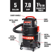 CRAFTSMAN 5-gallon shop vacuum with accessories, labeled features, wheels, and 7.8 amp power rating shown.
