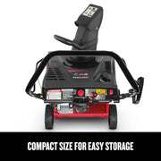Rear view of Craftsman snow blower CMXGBAM1054539 with black and red body, control panel, warning labels, on white background.
