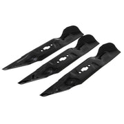 Photo of three Craftsman mower blades, SKU CMXGZAM110194, shown from angled top view on white background.