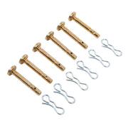 Six metal hitch pins with flat heads and holes at the ends, arranged in a row, each accompanied by a matching cotter pin. The pins are gold-colored and the cotter pins are silver.