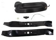 Craftsman lawn mower mulching kit with two blades, discharge cover, and hardware, white background beauty shot, top view.