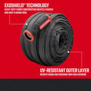 Black and red craftsman heavy-duty fabric hose, 100-foot by 5/8 inch. Featuring UV-resistant exoshield technology graphic