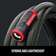 Strong and lightweight Black and red craftsman heavy-duty fabric hose, 100-foot by 5/8 inch. graphic