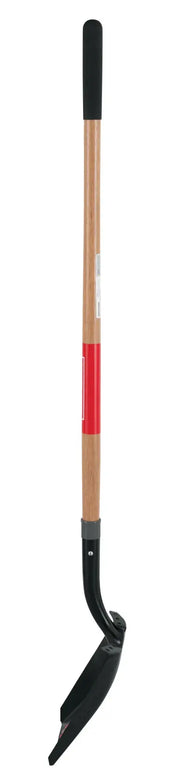 A long-handled garden tool with a wooden shaft, black ergonomic grip at the top, and a curved metal blade at the bottom, designed for trimming and edging lawns.
