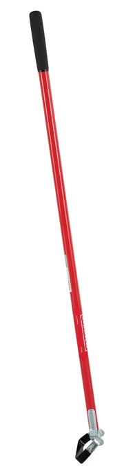 A red monopod with a black handle grip and a metal foot, typically used to stabilize cameras for photography.